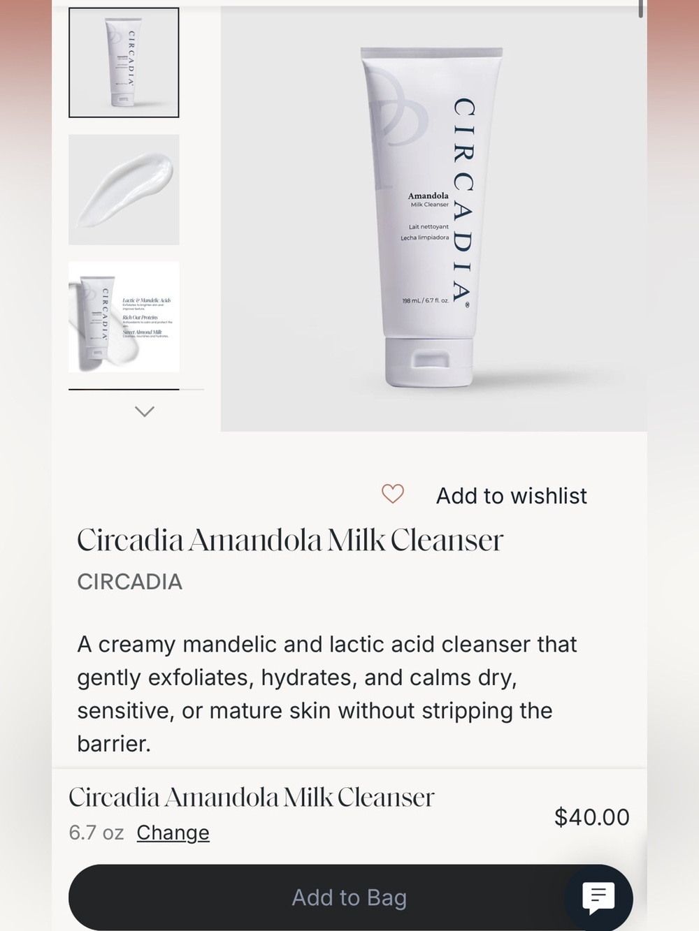 Circadia Amandola Milk Cleanser FULL BOTTLE 198mL